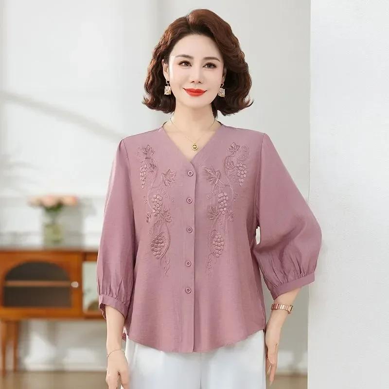 Elegant Blue Grape Embroidery Blouse Women's Half Sleeve V-neck Casual Shirt for Middle-Aged