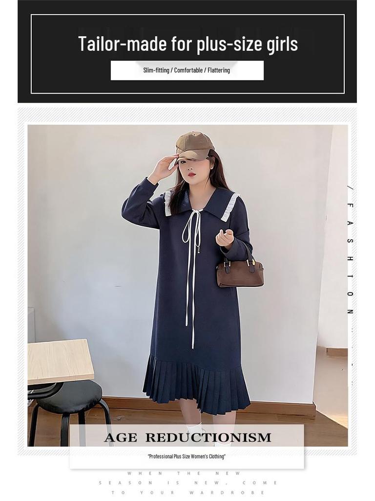 Plus Size Women's College Style Doll Collar Pleated Dress for Spring & Autumn (130-320 Jin)