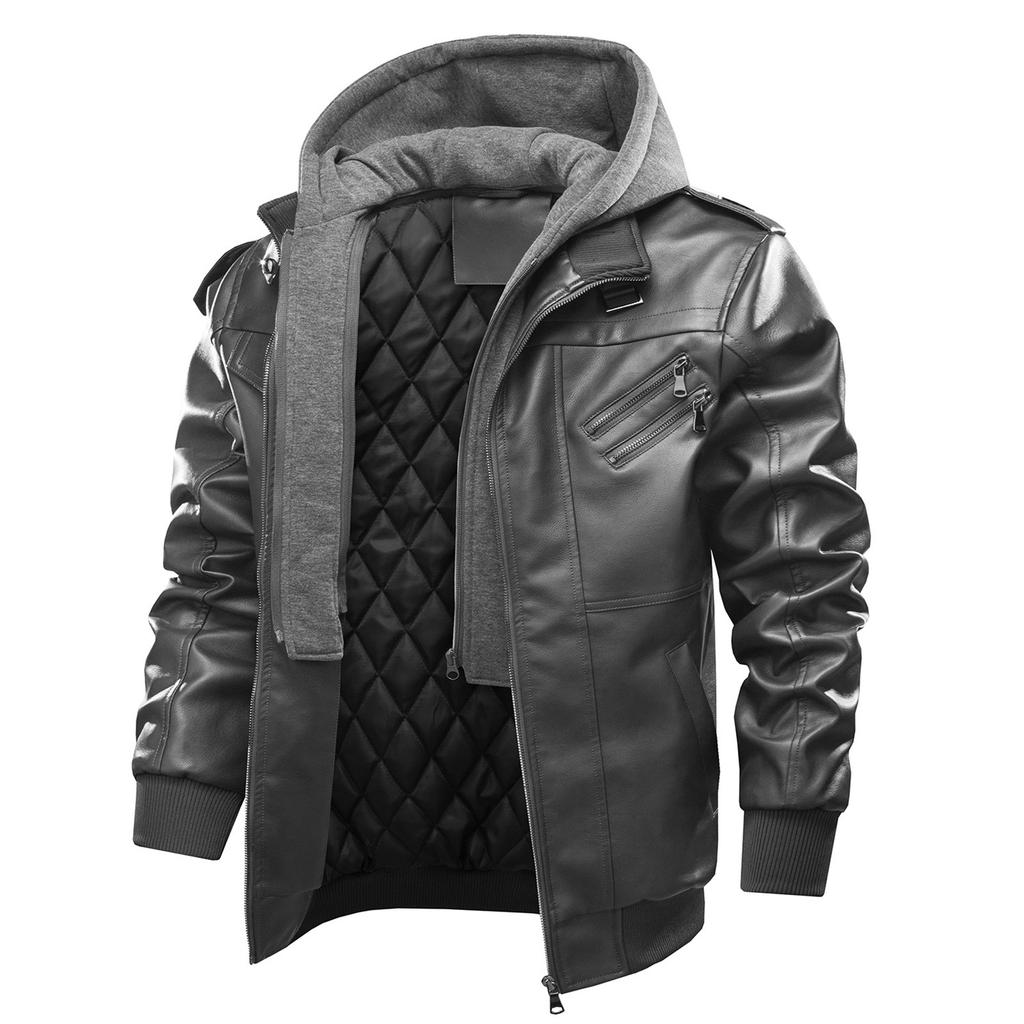 Men's Leisure Motorcycle  Leather Jacket With Cotton Warm Jacket Thickened Detachable Hooded Large Jacket