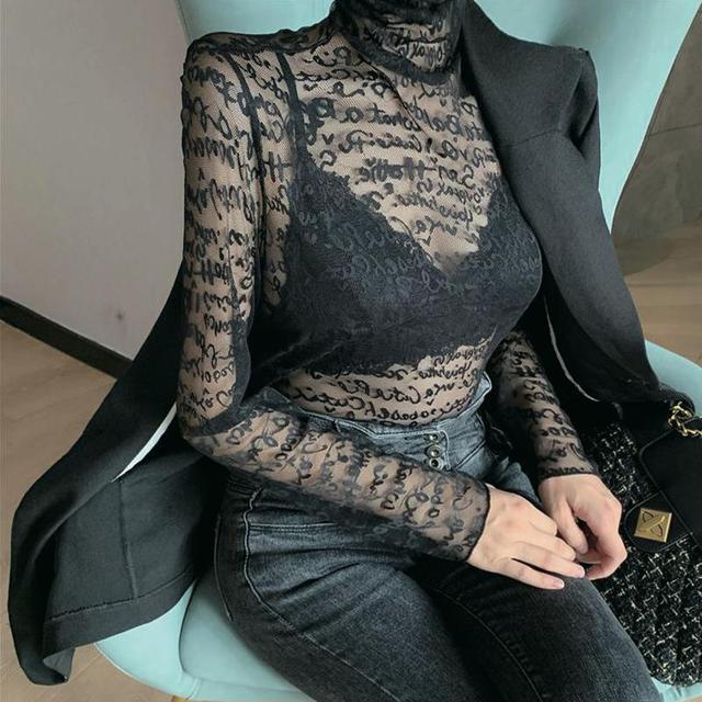 

Корейская сетчатая кружевная футболка с длинным рукавом, облегающая рубашка с длинными рукавами, топ с воротником для женщин XXL чёрный