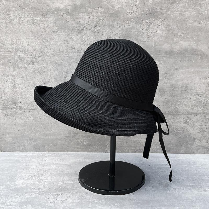 

Summer Vacation Travel Small Fresh Bucket Hat Female Sunshade Sun Protection Versatile Straw Woven Basin Hat Foldable Straw Hat M（56-58cm） чорний