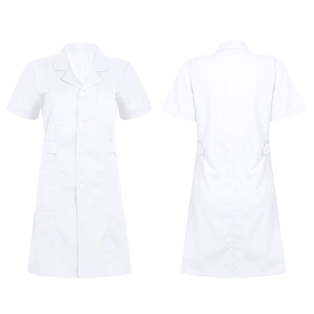 Hospital Lab Coat Uniform S-XXL for Women Adults - Solid Color Scrub Dress with Lapel Collar Short Sleeve and Button Front
