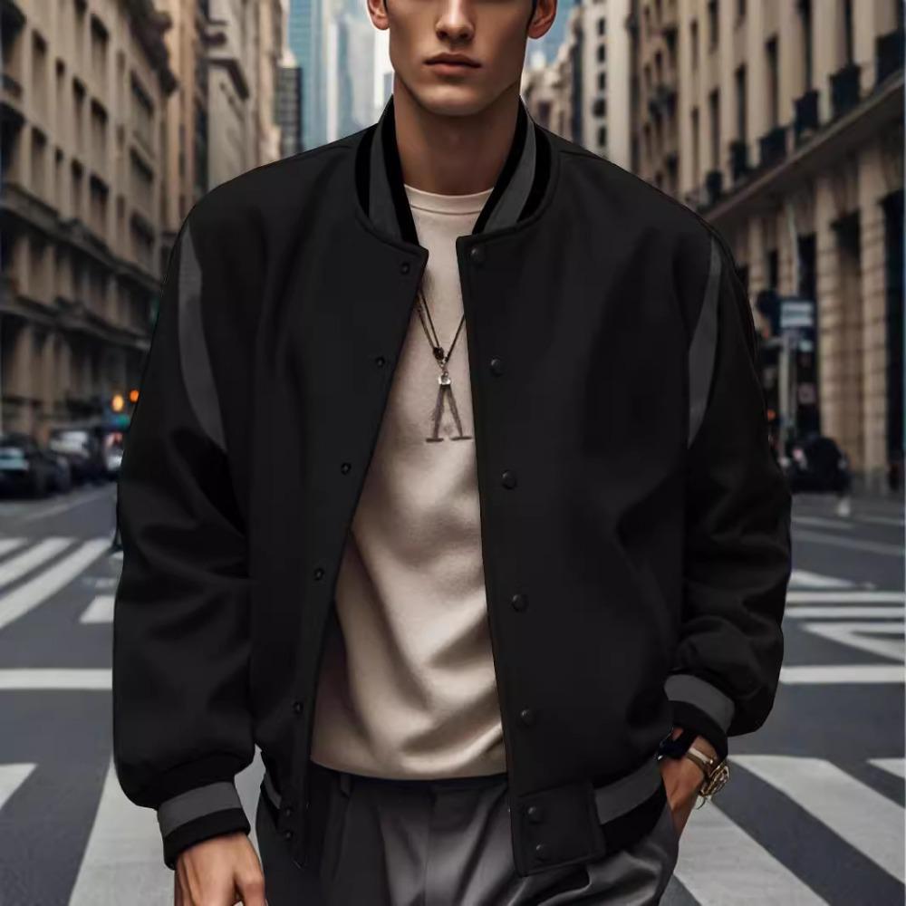 2025 European and American Men's Trendy Autumn and Winter Patchwork Buttoned Baseball Jacket Cardigan Coat