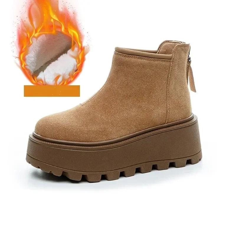 Fashion 8.5CM Suede Cow Genuine Leather Fashion Women Ankle Booties Platform Wedge Winter Plush 2025 Autumn Boots Spring Shoes Chimney