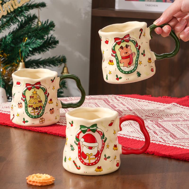 Christmas Ceramic Cup with Handle High End Coffee Cup Household Cartoon Light Luxury High Quality Mug