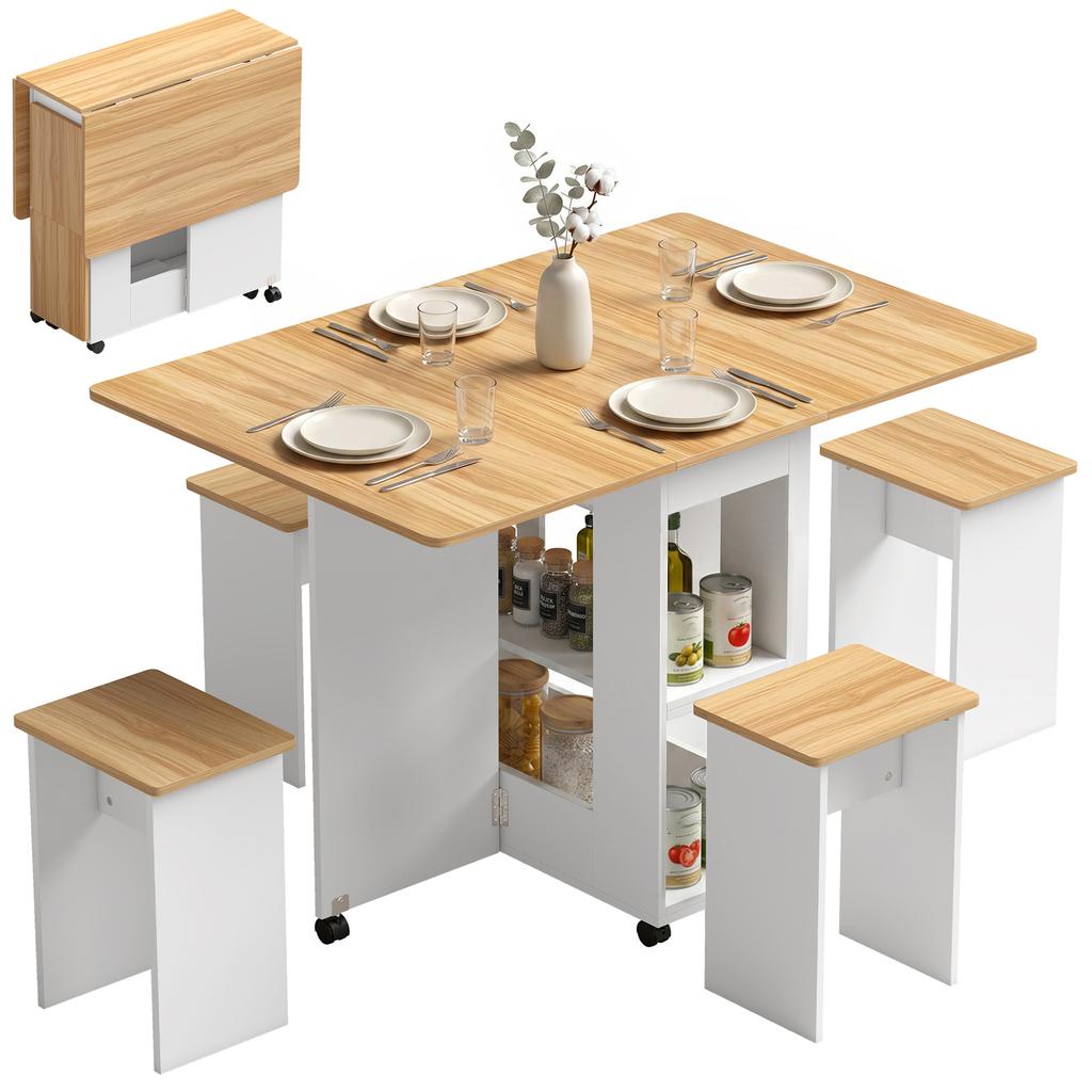 Folding Dining Table and 4 Chairs Set, Oak and White