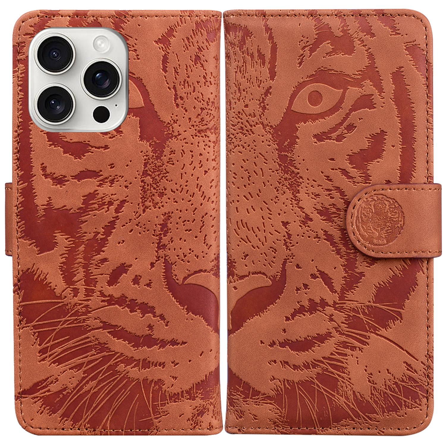 

For iPhone 16 Pro Case Tiger Imprint Leather Shockproof Wallet Phone Cover Brown