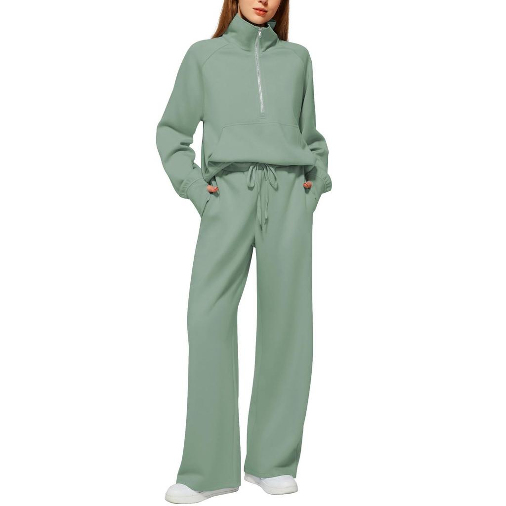 2025Women Coat Pants Set Stand Collar Long Sleeve Zip-up Elastic Cuff Jacket Drawstring Stretchy High Waist Wide Leg Trousers Sport Tracksuit