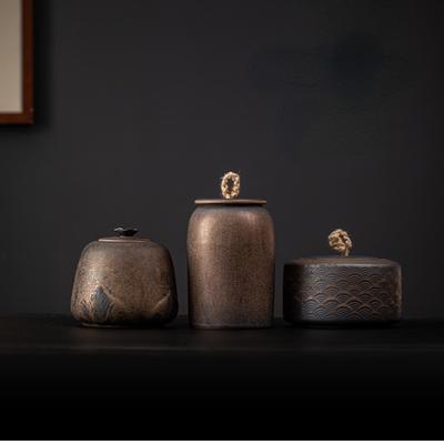Japanische Teedose aus vergoldeter Eisenglasur, groß, versiegelt, Keramik, Vorratsdose für Tee, Teeaufbewahrung