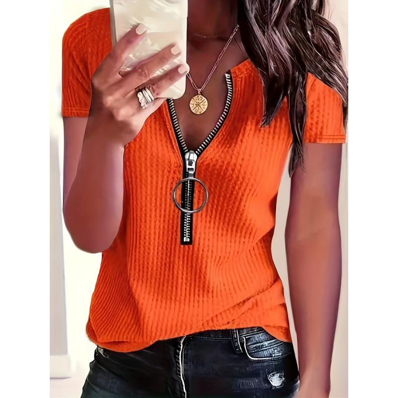 Women's Solid Color Half Pull Short Sleeved T-shirt for All Seasons