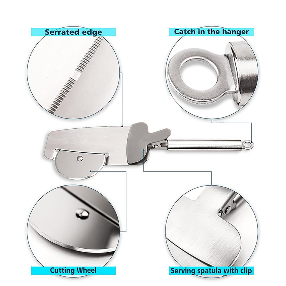 3 In 1 Pizza Cutter Wheel Serrated Edge Serving Spatula with Clip Stainless Steel Pizza Cutter Pizza Grater