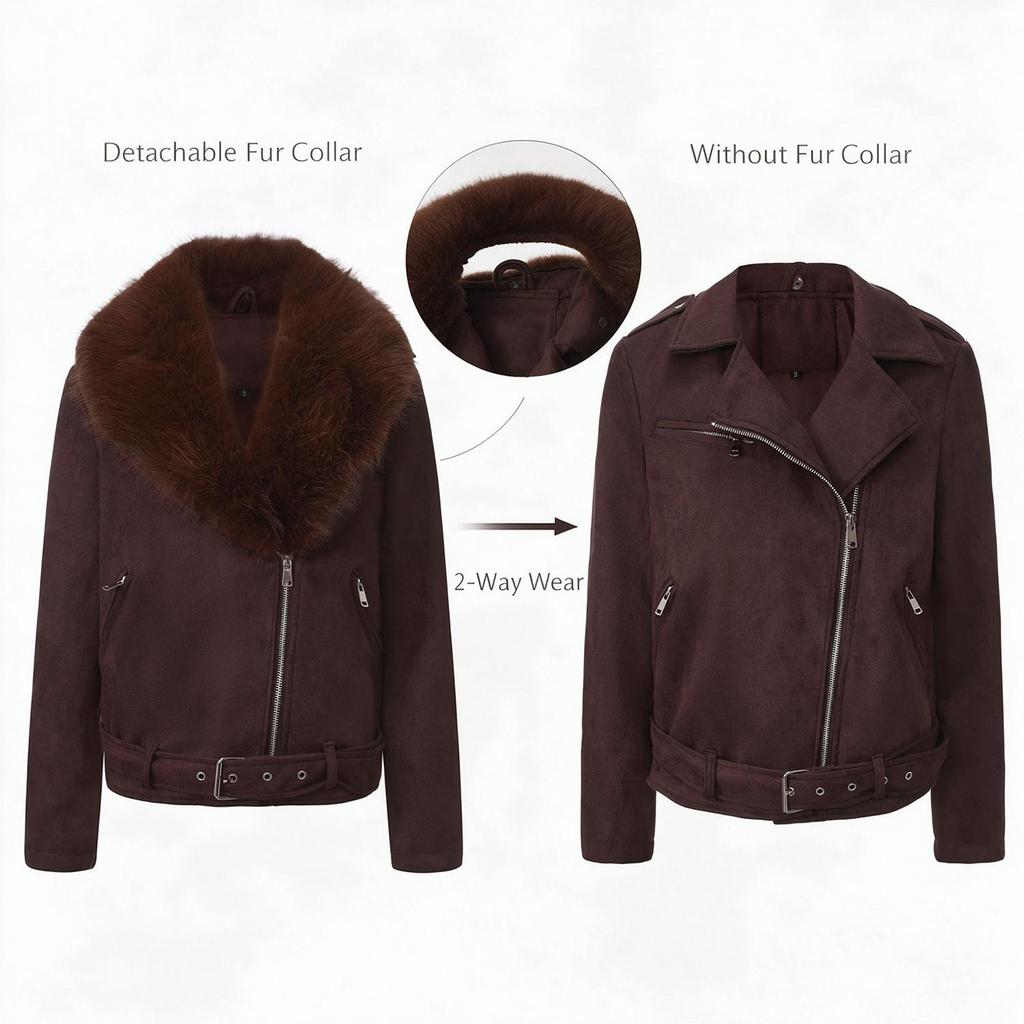 Women’s Faux Fur Coats 2 Way Wear Outfit Detachable Fur Collar Zipper Jacket Matte Faux Suede Crop Top Stylish Motobike Wear