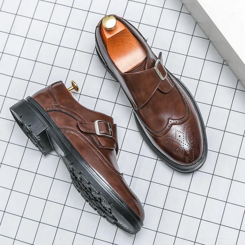 Men Loafers Shoes Round Toe Buckle Strap Black Brown Business Shoes for Men with  Size 38-46 Dress Shoes Men