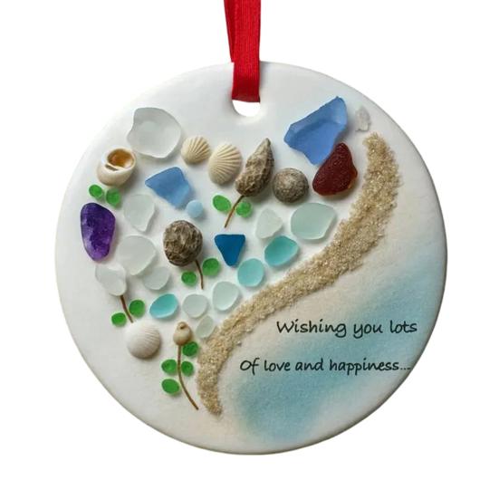 Vánoční ozdoba z mořského skla Ručně vyráběné umění z mořského skla Závěsná dekorace na vánoční stromek Oceánská tématika Suvenýr pro přátele