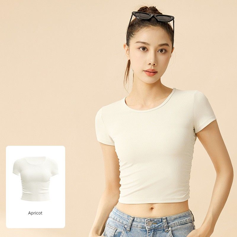 

Новая полосатая спортивная футболка с коротким рукавом для женщин, новая футболка, дышащая одежда для тренировок, летняя одежда для похудения, одежда для йоги, топ, тянущийся Apricot color S