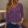 Womens 3/4 Sleeve V Neck Button Detail Solid Color Casual Loose Fit Tunic Top with Gathered Waist and Rounded Hem