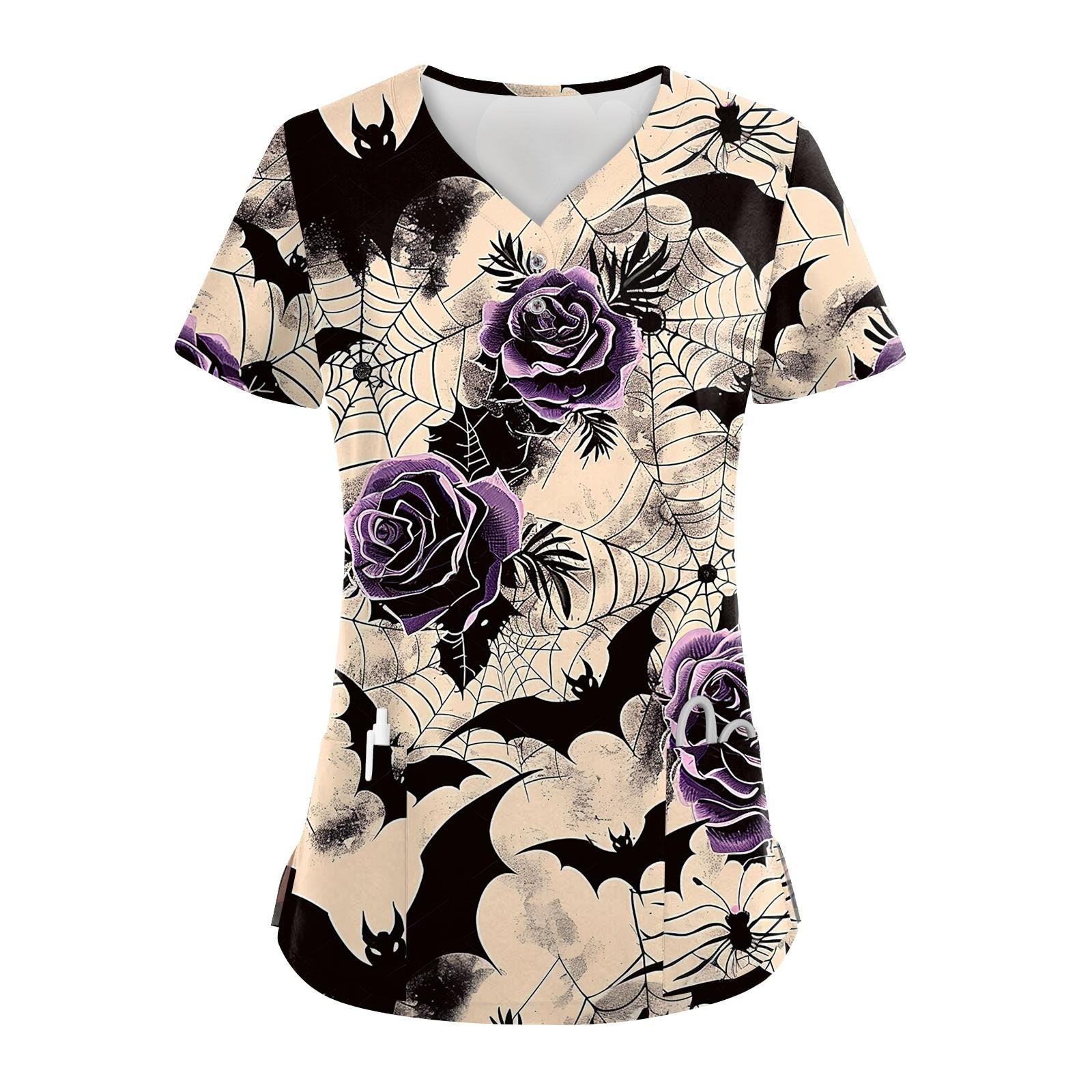 Женские модные повседневные топы с V-образным вырезом на пуговицах и принтом на Хэллоуин — фото 6