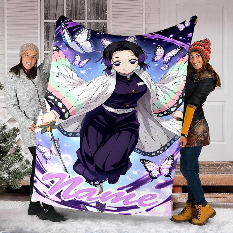 Personalized Custom Name Blanket - Demon Slayer Shinobu Kocho Print Design,Blanket for Sofa,Bed,Travel,Camping - Soft and Warm, Great Gift