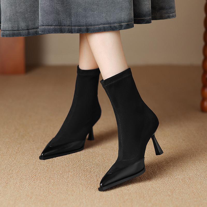 High-heeled short boots, thin-heeled new design, pointed thin boots, fleece elastic boots, spring and autumn single boots