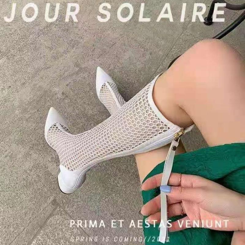 Women'S Summer Long Boots Mesh Breathable Cool Pointed Toes Sandals High Heel Zippered Knee-High Gladiator Sandals Boots