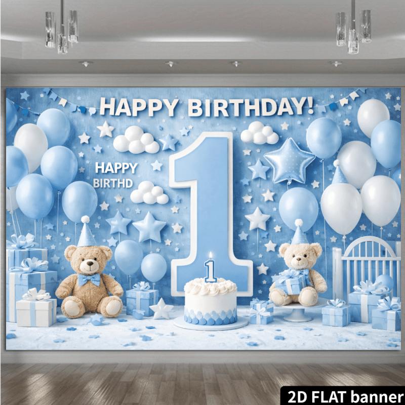 2D planar forest-style teddy bear birthday background cloth for one-year-old, with a light blue wood-grain baseDJH