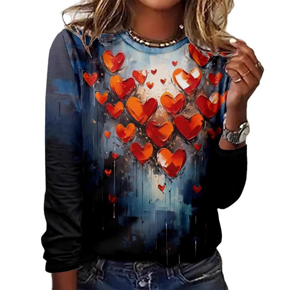 Rundhals 3D-bedrucktes Liebesmuster Top Modische Lässige Langarm Damen T-Shirts