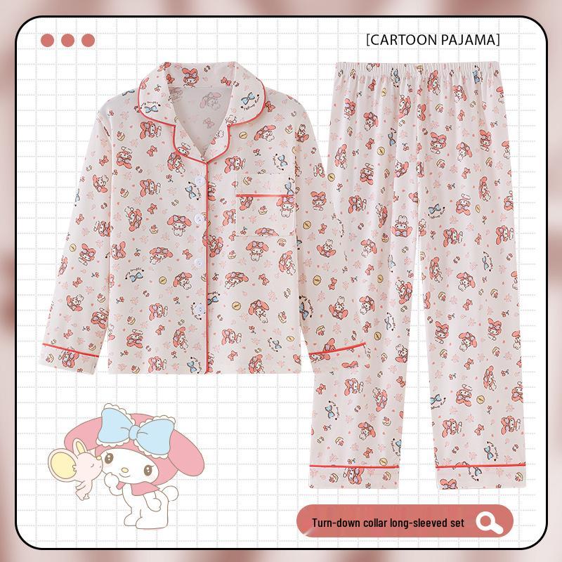 Children's Cartoon Print Pajama Set - Long Sleeve Cardigan with Turn-Down Collar, Imitation Cotton, for Spring and Autumn