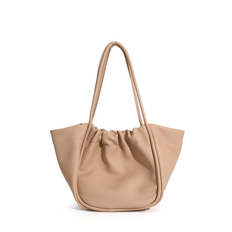 Retro Bucket Bags Women Leather Pleated Design Large Shoulder Bag Summer Versatile Handbag