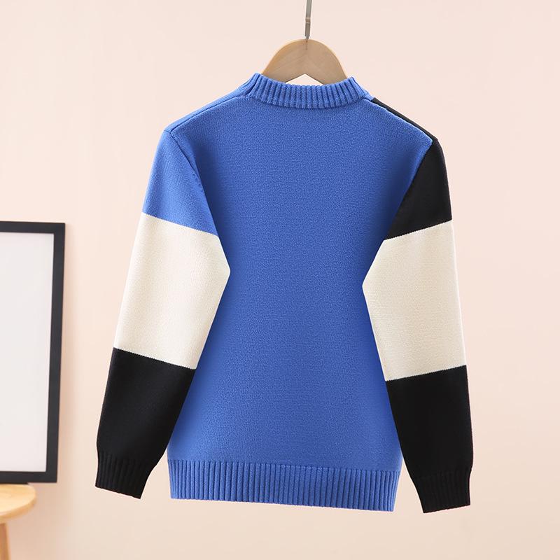 Chłopięcy bawełniany sweter z okrągłym dekoltem w blokach kolorystycznych - z podszewką polarową, gruby dzianinowy na jesień/zimę.