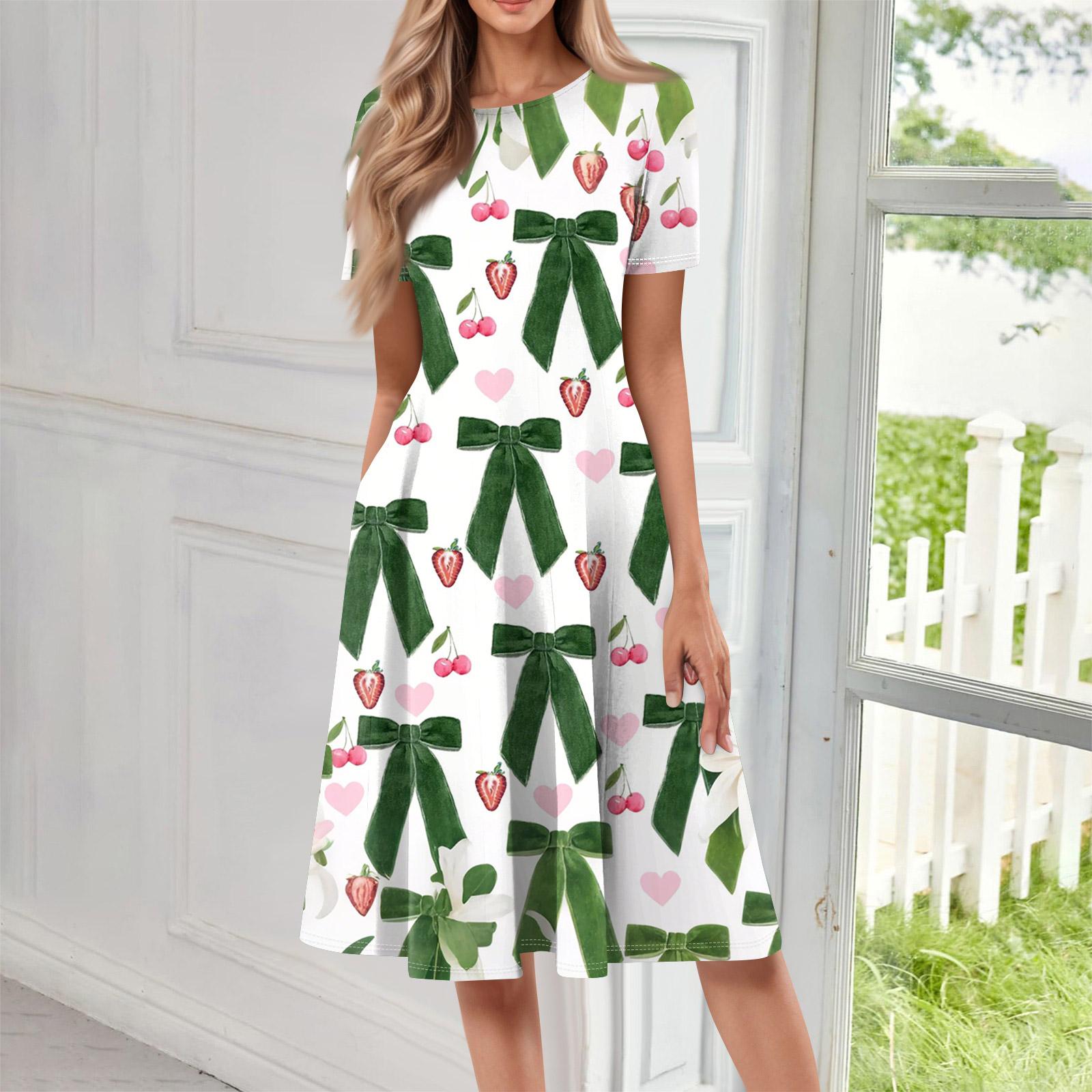 

Women Casual Printed Round Neck Short Sleeved Long Dress L