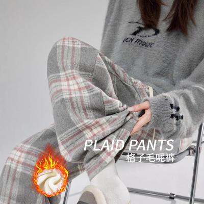 Grey and Pink Plaid Pants Children's Autumn and Winter New High-waisted Lazy Straight Loose Casual Retro Woolen Wide-leg Pants