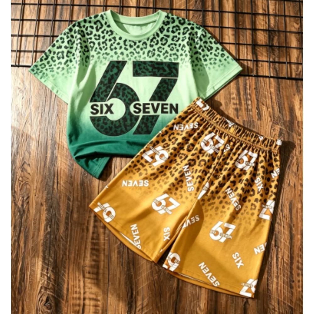 Fashion Kids Set Leopard 67 Number Printed Kids T-shirt and Shorts 2 Piece Set Summer Casual Outdoor Street Boy's and Girl's T-shirt Sets