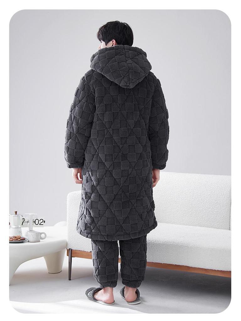 2024 Men's Quilted Winter Hooded Pajama Bathrobe - Warm, Thick Coral Fleece Outerwear