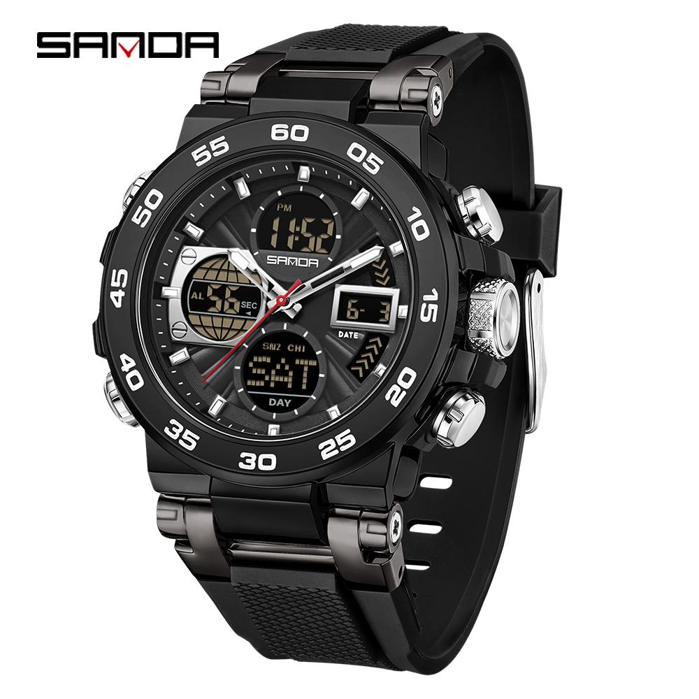 SANDA 6312 New Steel Strip Sports Watch Dual Display Dual Movement 5ATM Waterproof Multi functional Men's Electronic Watch-1