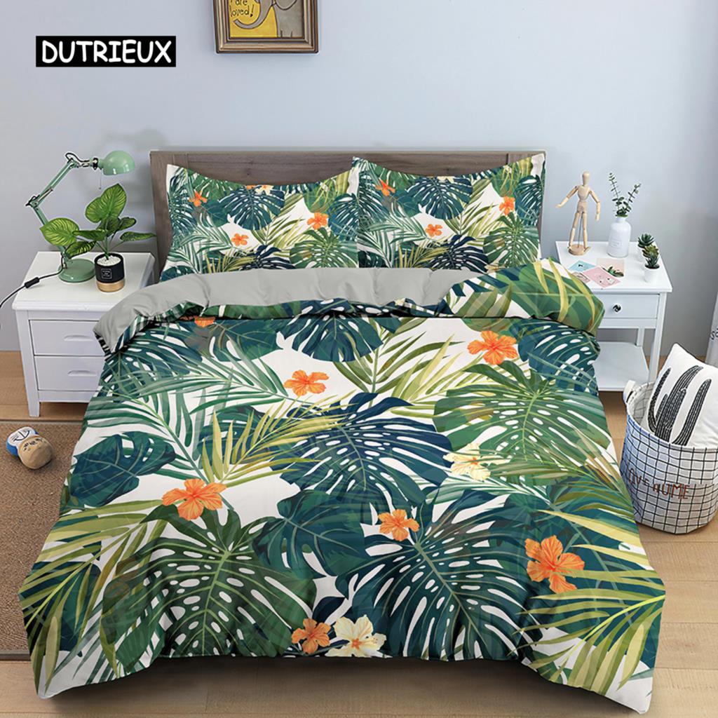 Tropical Plant Bed Linen Collection Green Leaves Quilt Cover with Zipper Closure Comforter Cover Queen Size King Dimension Full Polyester Fabric Quilt