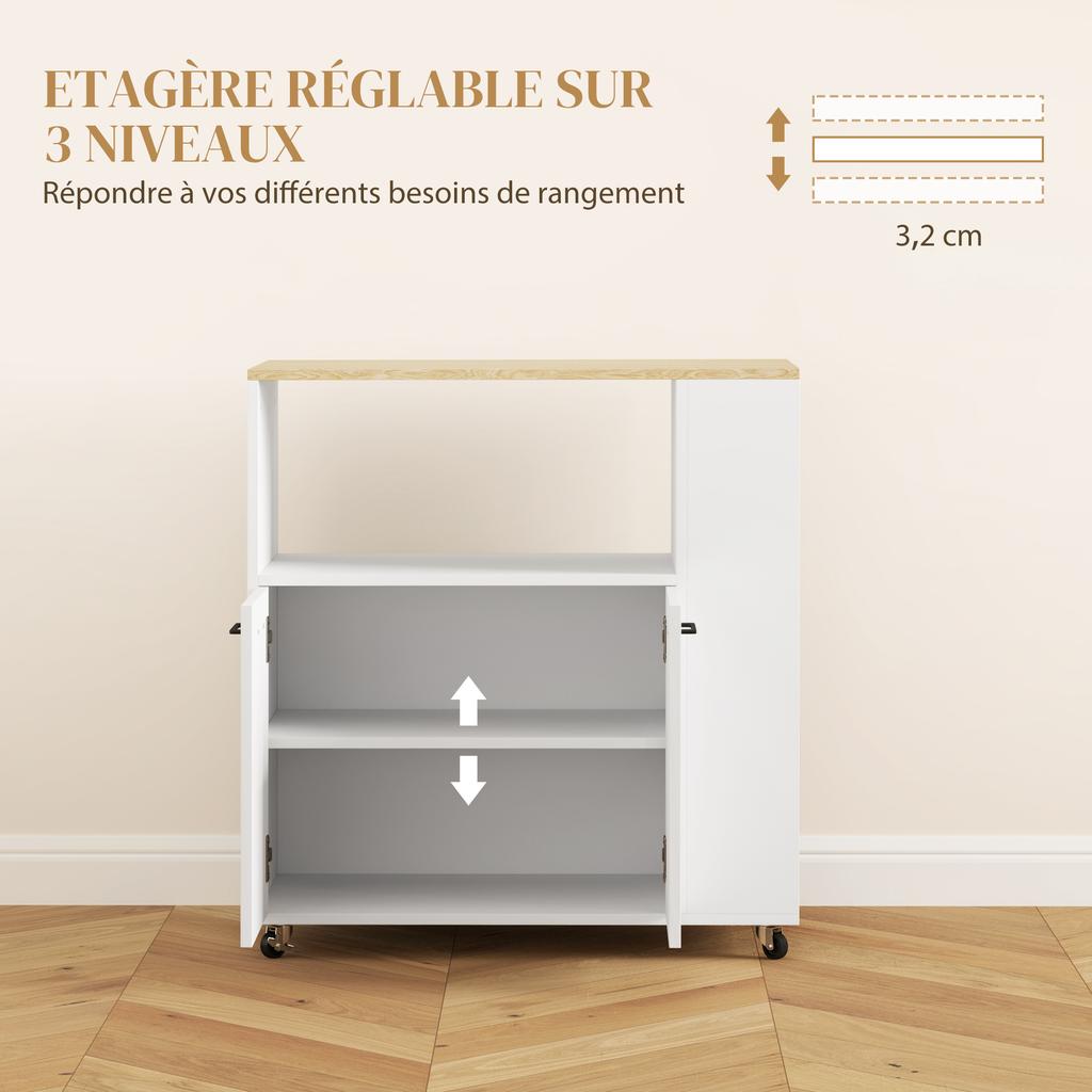 Kitchen Trolley on Wheels, Worktop, Adjustable Shelf, 75 x 40 x 80.5 cm, White