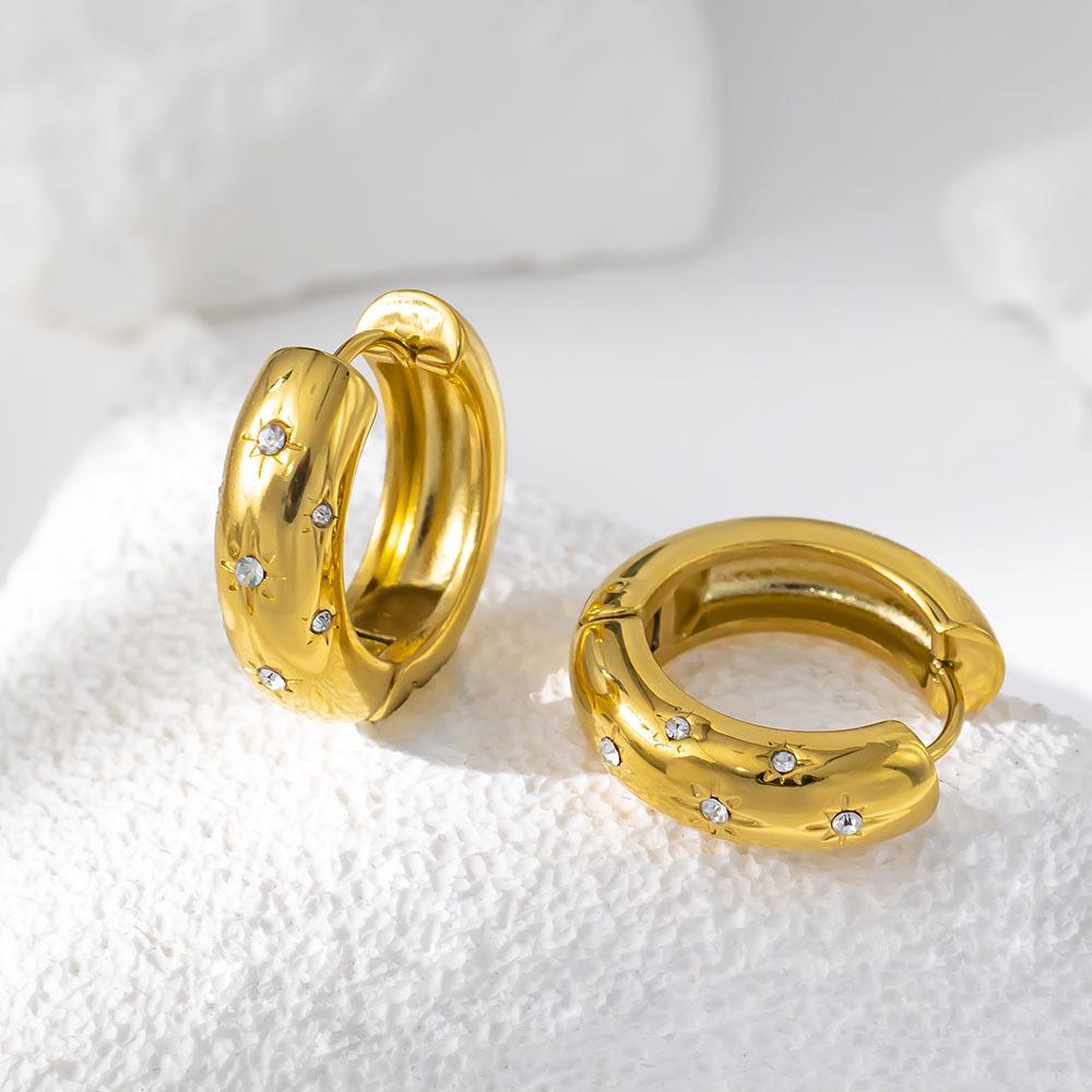 Retro Micro-Paved Diamond Star Titanium Hoop Earrings, Electroplated 18K Gold.