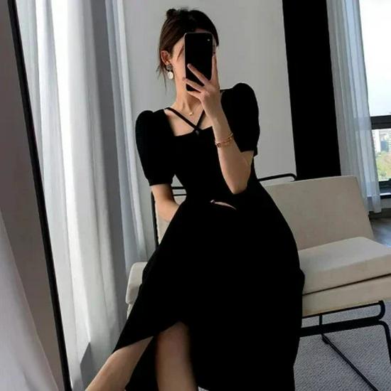 Hepburn Style Waist-Cinched Little Black Dress - Women's 2025 Summer Collection
