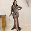 European & American Fashion Women's See-through Mesh Long Sleeve Slit Dress with Hot Drilling Details.