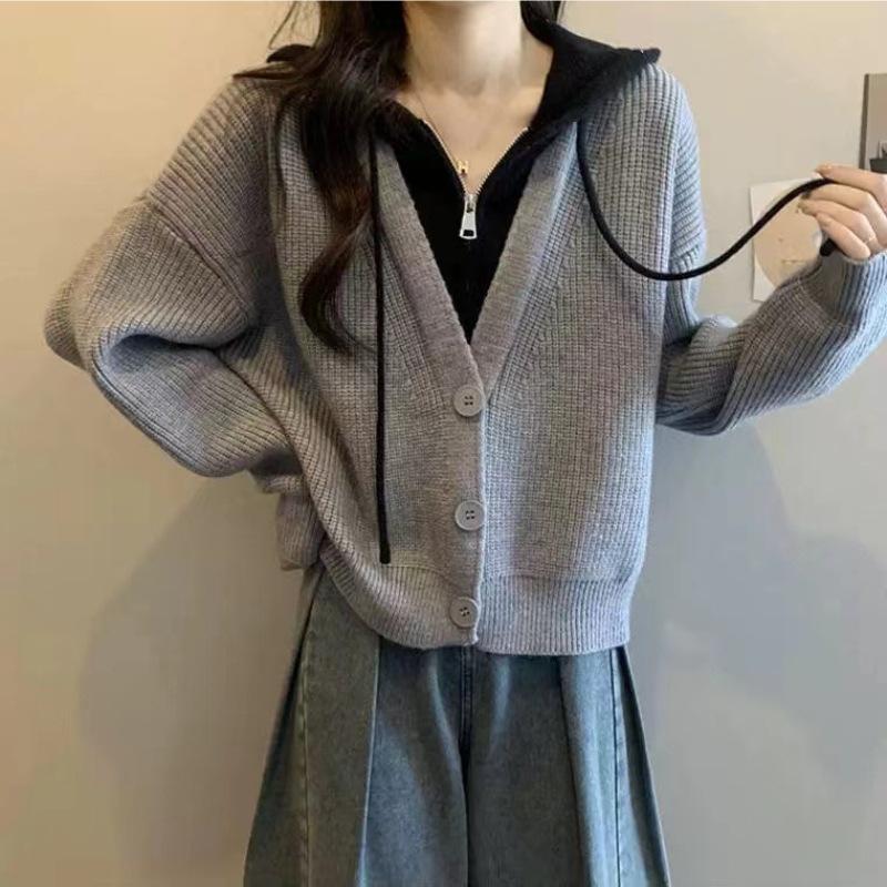 

Осенне-зимний вязаный кардиган с капюшоном и молнией для женщин 3XL серый