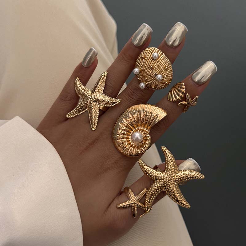 6Pcs/Set Vintage Gold Color Starfish Shell Rings Set For Women Exaggerated Metal Large Pearl Star Knuckle Rings Beach Jewelry