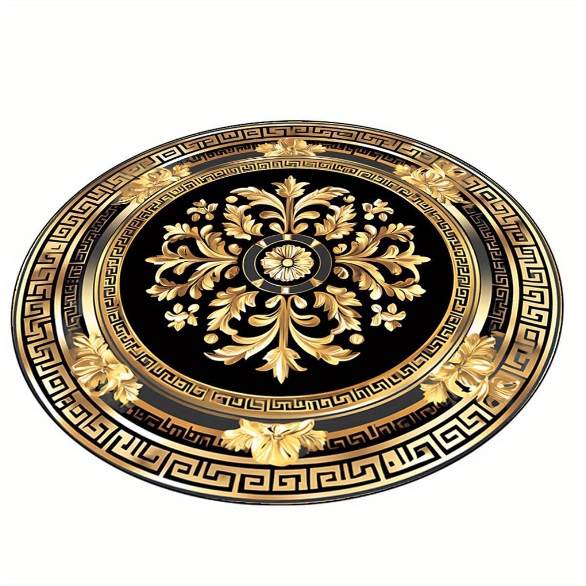 Retro Zwart Goud Bloemig Rond Vloerkleed - Polyester Machinegemaakt Kleed, Complex Patroon voor Tafel Woonkamer, Pasen Lente Huisdecoratie Diameter 40cm