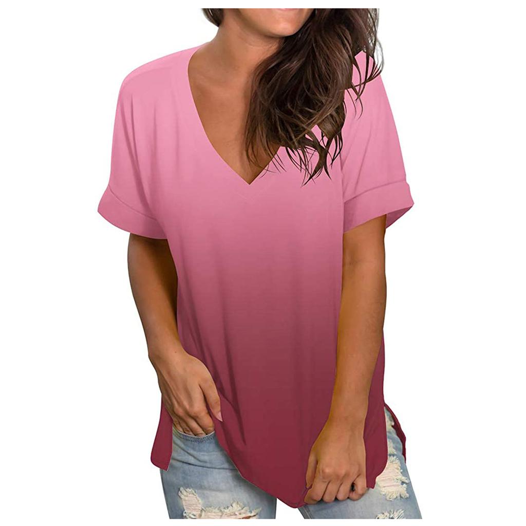 Summer New Tie Dye Gradient Color V-neck Short Sleeved Women's Fashionable and Trendy T-shirt