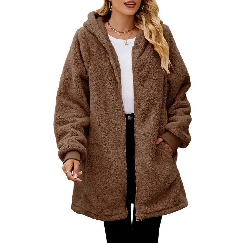 Winter Women's Jackets Loose Fur Long Sleeve Hooded Zipper Cardigan Coat Thickened Warm Casual Outerwear