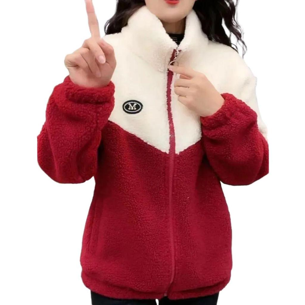 Dámský kabát z jehněčí vlny a sametového fleecu - Podzim/Zima, Hřejivý, Zeštíhlující střih, Nadměrná velikost.