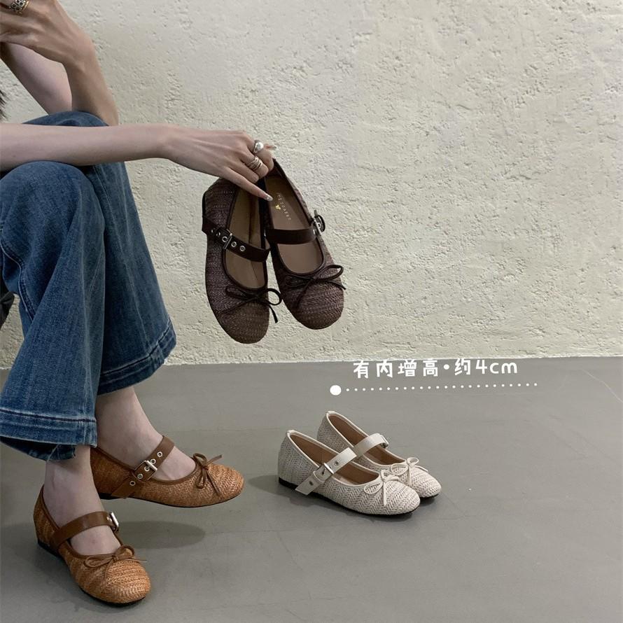 Su Yinyin Has the Same Bow Elastic Band Mary Jane Shoes Flat Soft Waxy Ballet Shoes Women's Single Shoes