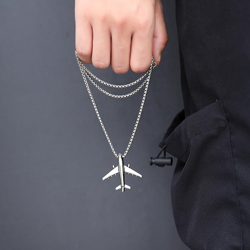 Hip Hop Punk Style Titanium Steel Airplane Pendant Necklace Neutral Cool Personalized Sweater Chain Daily Zircon Gift