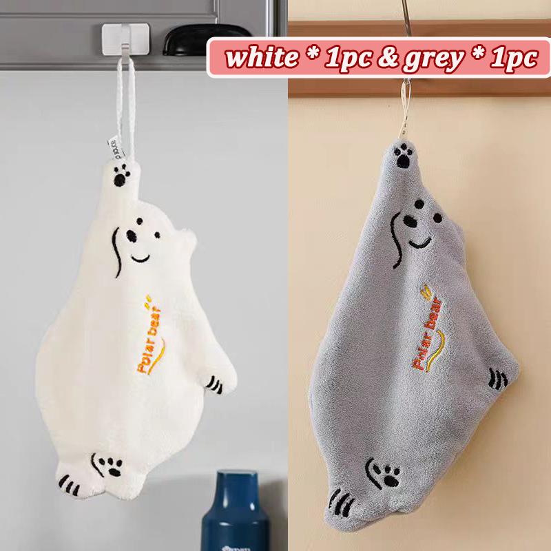 1/2PC Polar Bear Hand Wiping Towel Super Absorbent Soft Hanging Kitchen Towel Family Essential Coral Thicken Cartoon Hand Towel