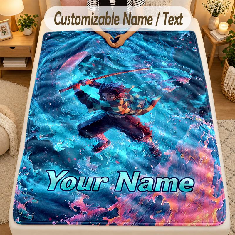 Flannel BlanketDemon Slayer Custom Name Text Personalized Soft Warm Throw Blanket Home Decor Gift