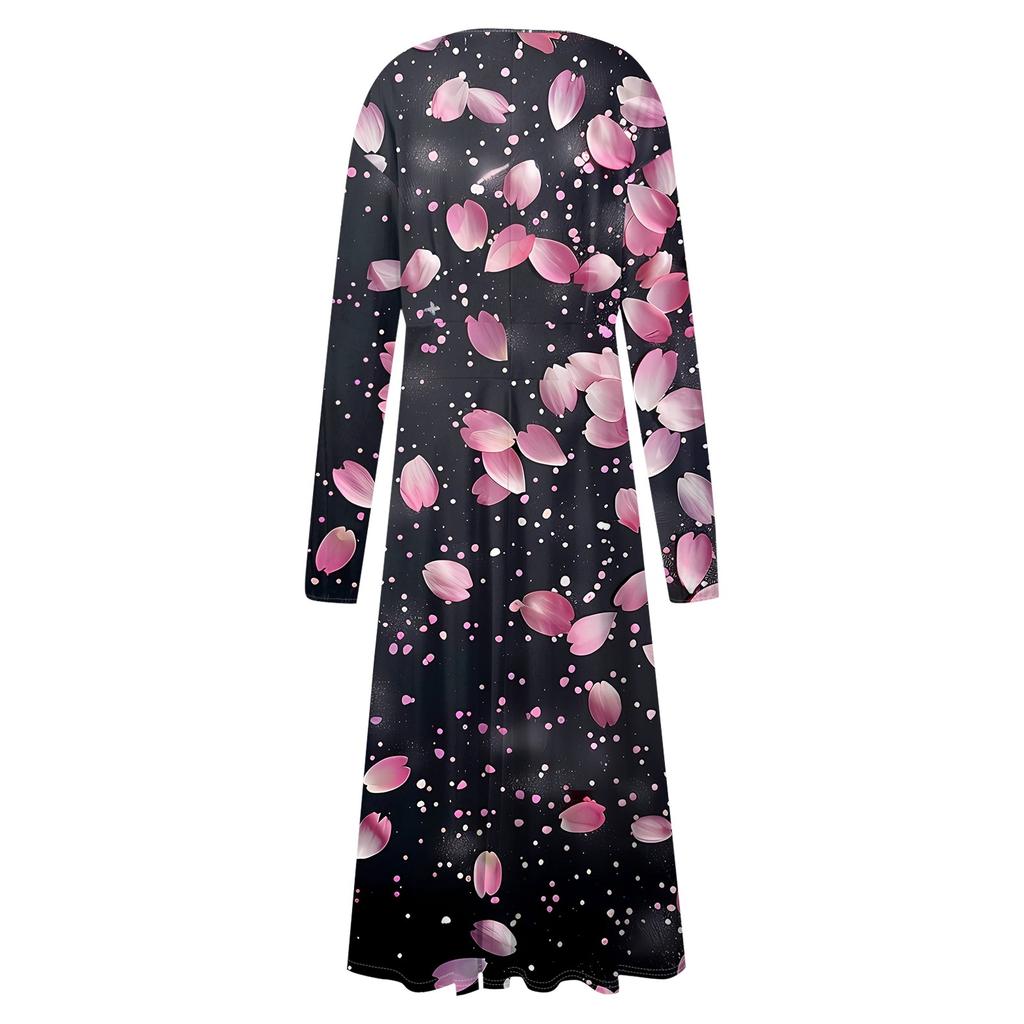 Women's And Winter Casual Fashion V-neck Long Sleeve Print Long Dress